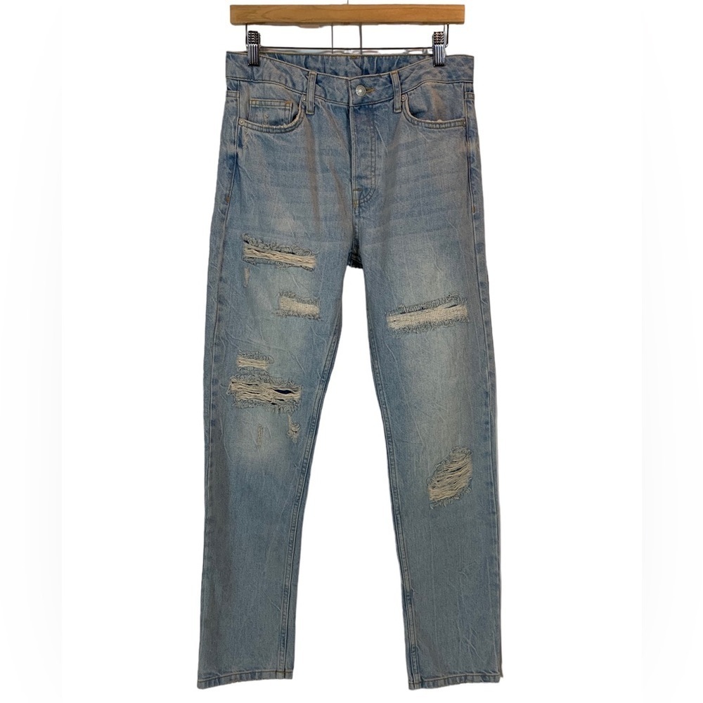 Topman 100% Cotton Button Fly Distressed Denim Jeans - Light Blue - size 30W 32L